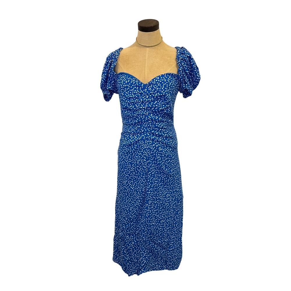 ZARA Blue Polka Dot Rouched Maxi Dress Open Back Wedding size L